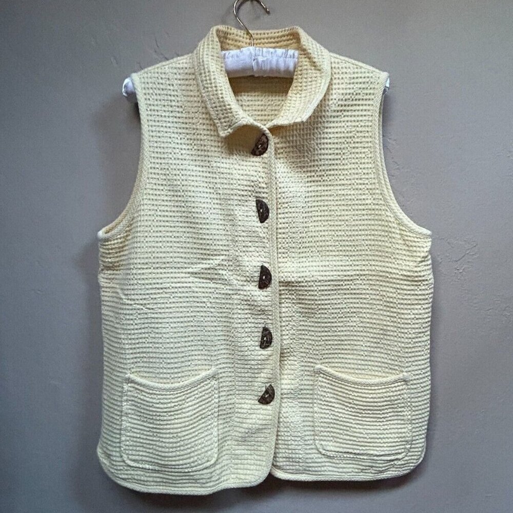 Focus Women Sweater Vest Waffle Knit Preshrunk Cotton Yellow Small Pocket Button
